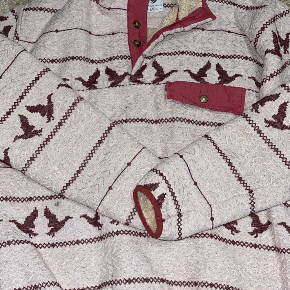 Southern Proper Beige and Burgundy Bird Pattern Jacket